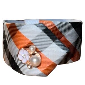 Plaid Orange and Black necktie Bracelet with Pearl Accent and magnetic closure